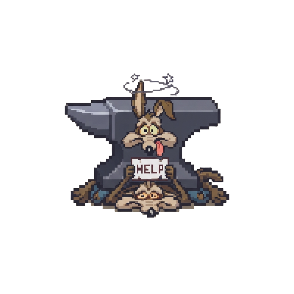 Wile E. Coyote Holding a Tiny 'help' Sign Under a Giant Anvil