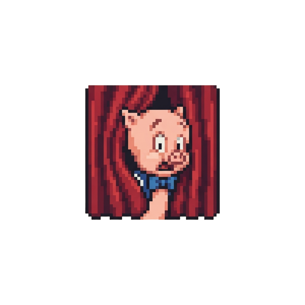 Porky Pig Stuttering in Surprise Behind a Theatrical Curtain