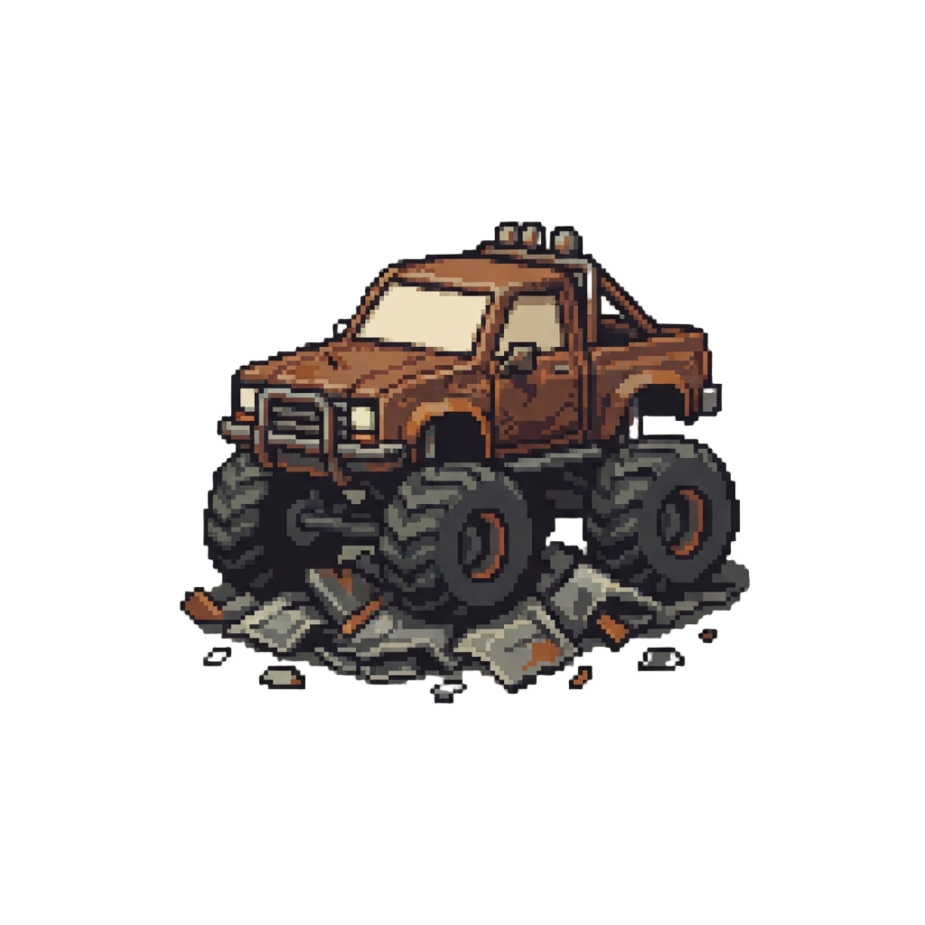 A Rust-bucket Monster Truck Crushing Metal Debris