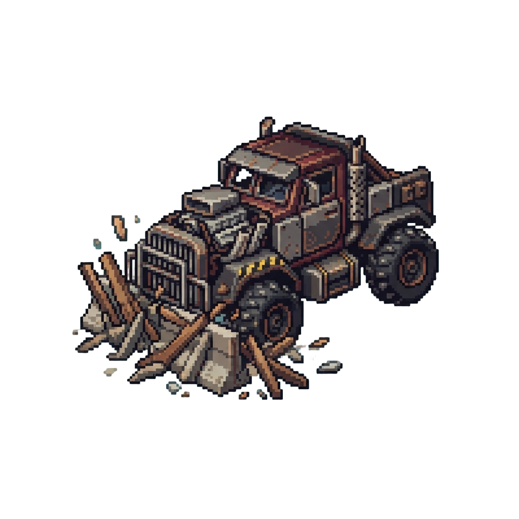 A Heavy War-rig Engine Truck Plowing Through Barricades