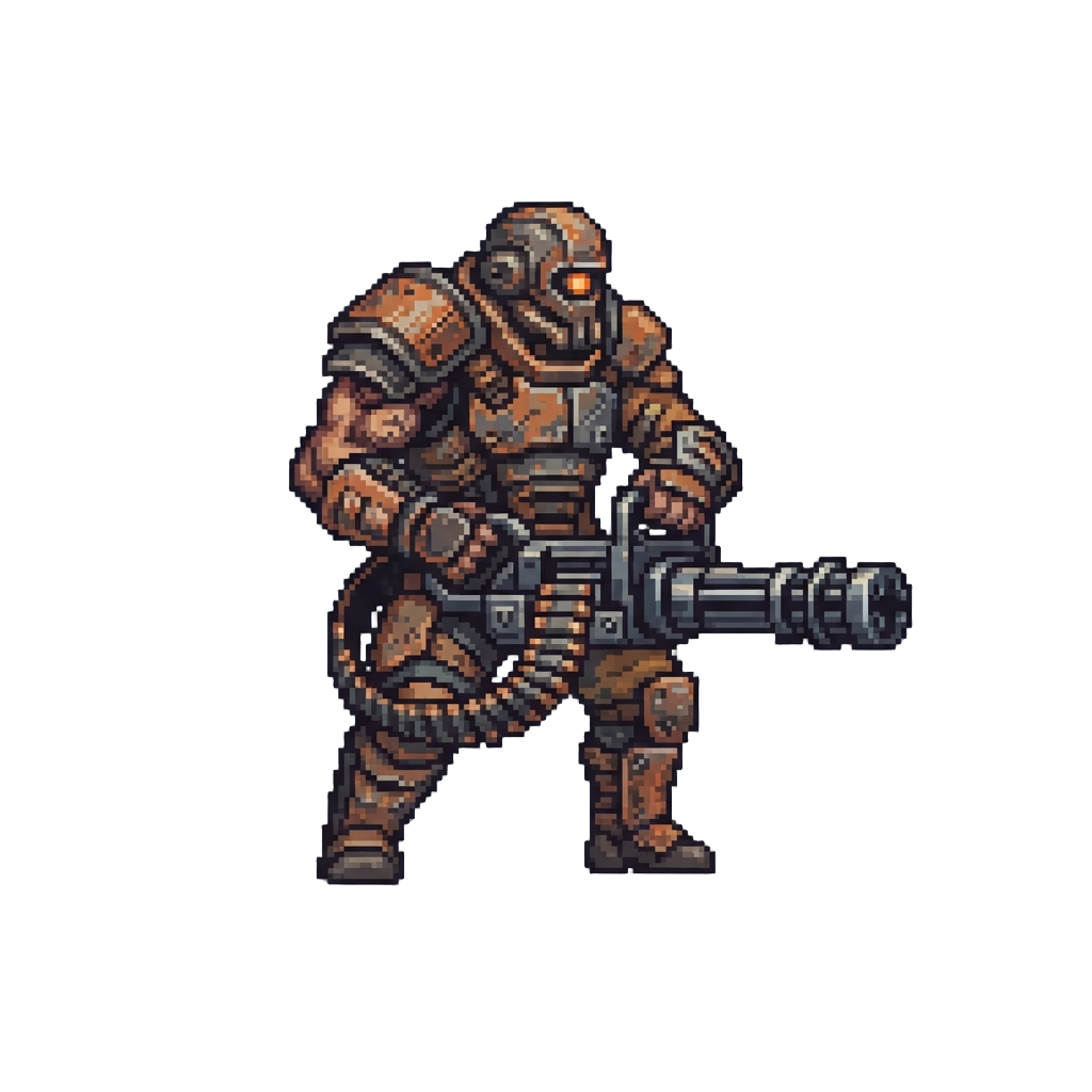 A Scrap-armored Mutant Enforcer Wielding a Minigun