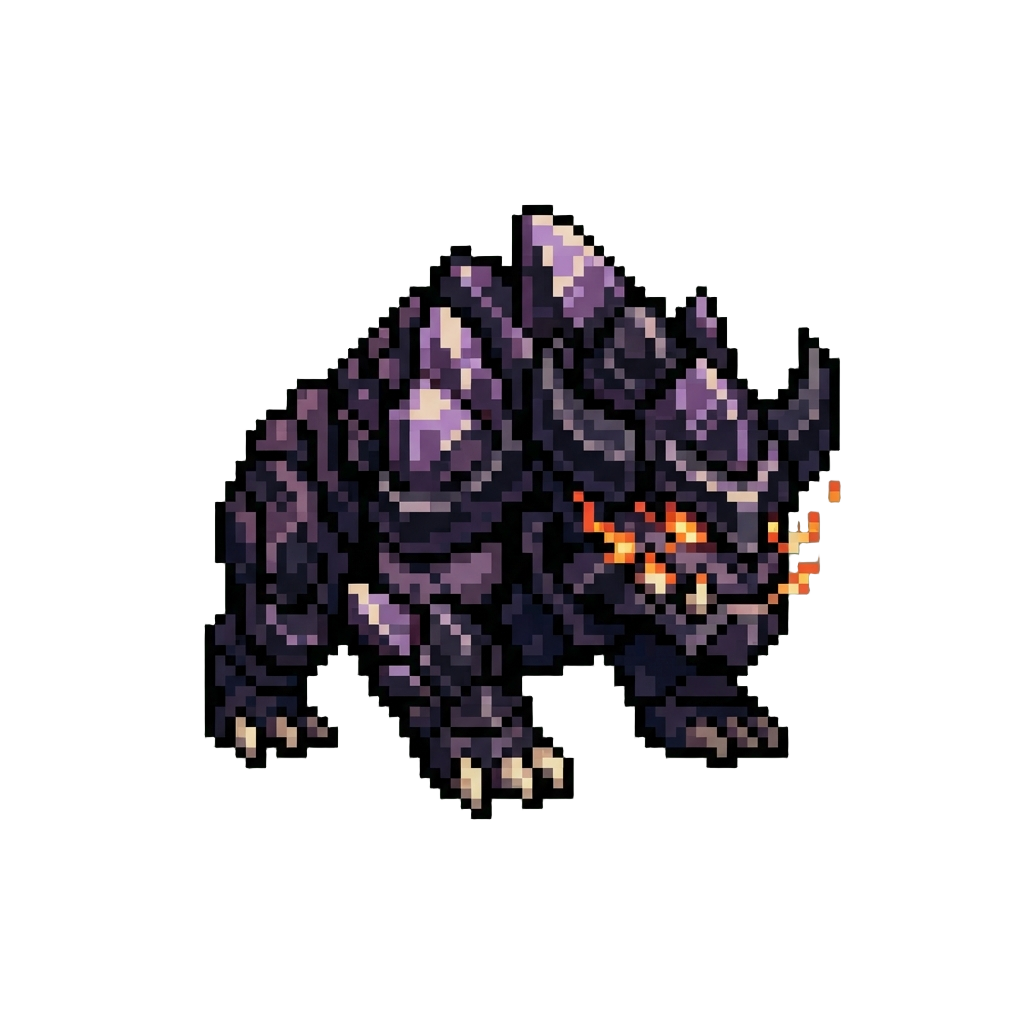 A Dark Crystal-armored Behemoth with Flaming Eyes