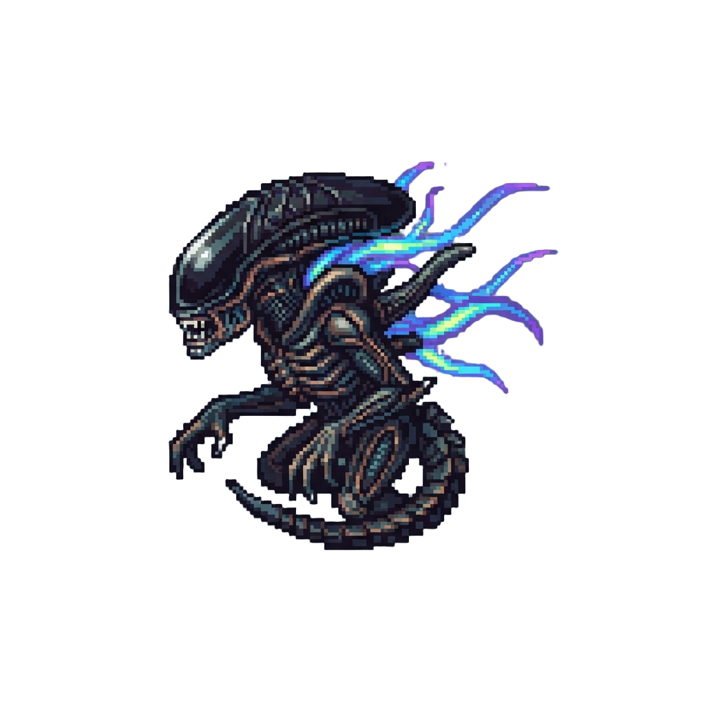 A Sleek Bio-mechanical Xenomorph with Glowing Bioluminescent Tendrils