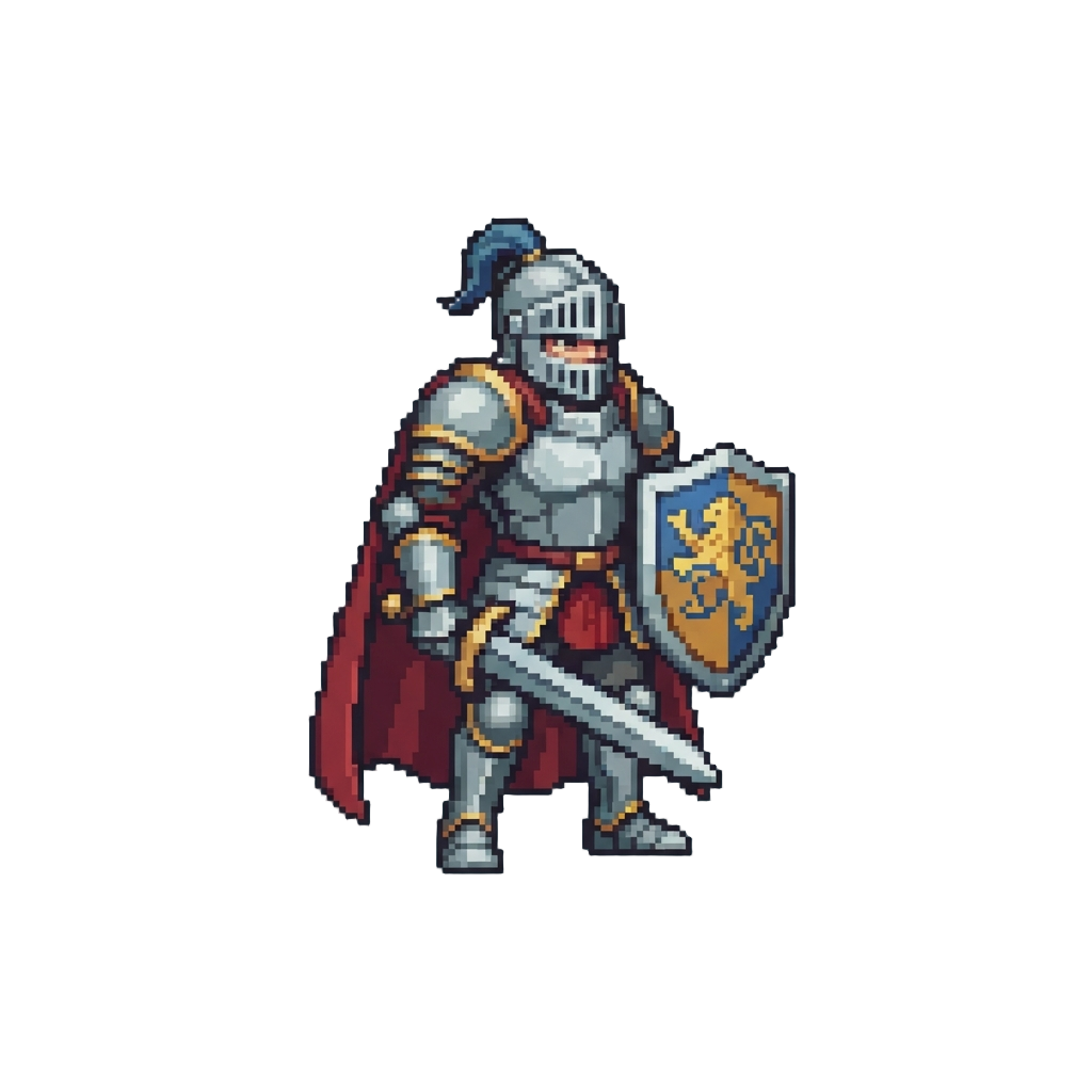 A Heroic Knight Champion Form with Gleaming Silver Armor and Heraldic Shield
