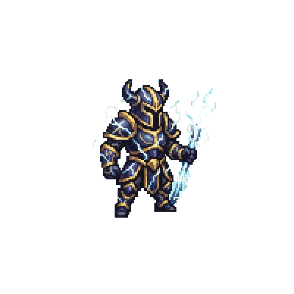 An Elemental Storm Lord Form with Crackling Lightning Armor and Glowing Aura