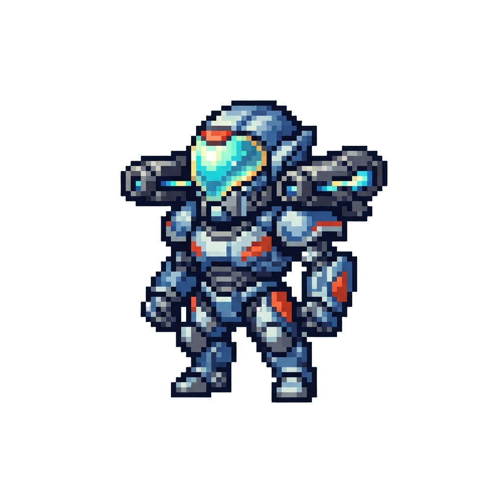An Omega Cybernetic Mecha-hero Form with Energy Cannons and Shimmering Visor