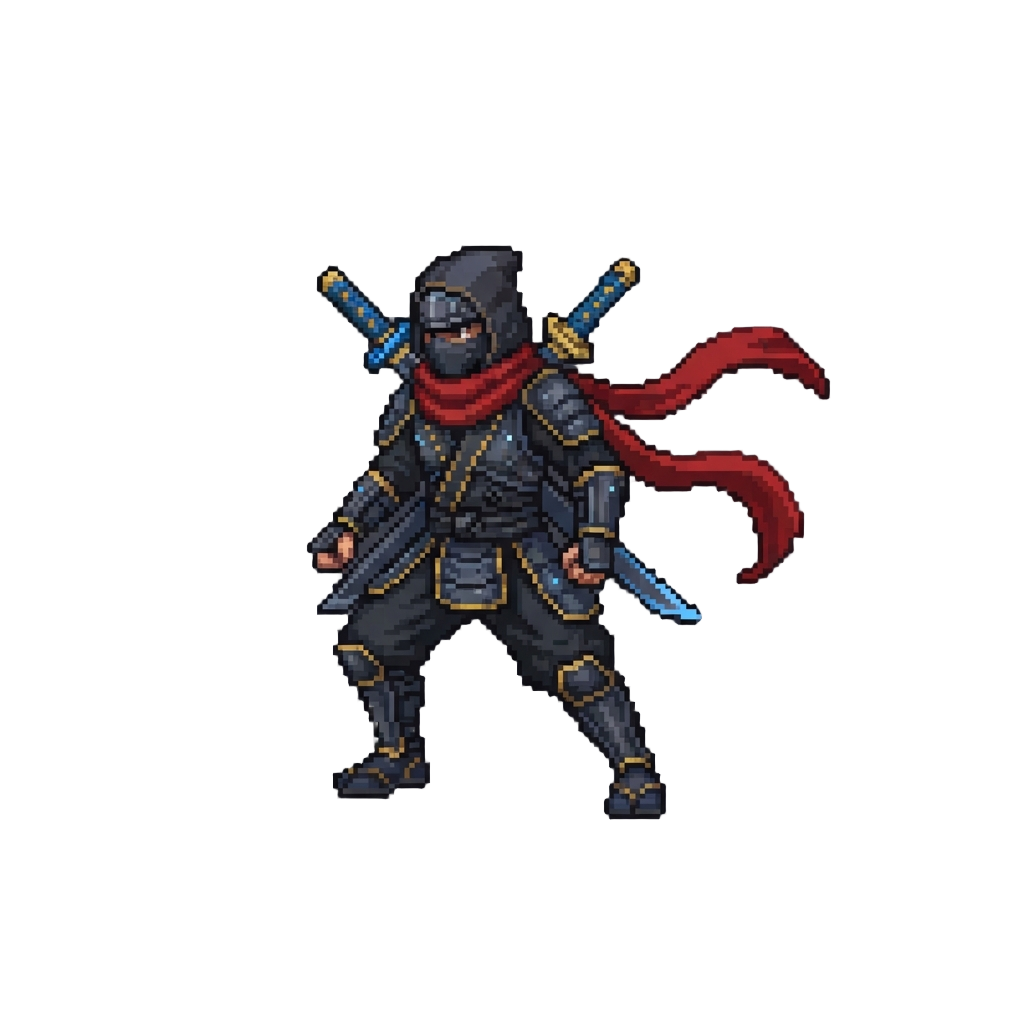 A Specialized Shadow Ninja Form with Ornate Scarf and Enchanted Blades