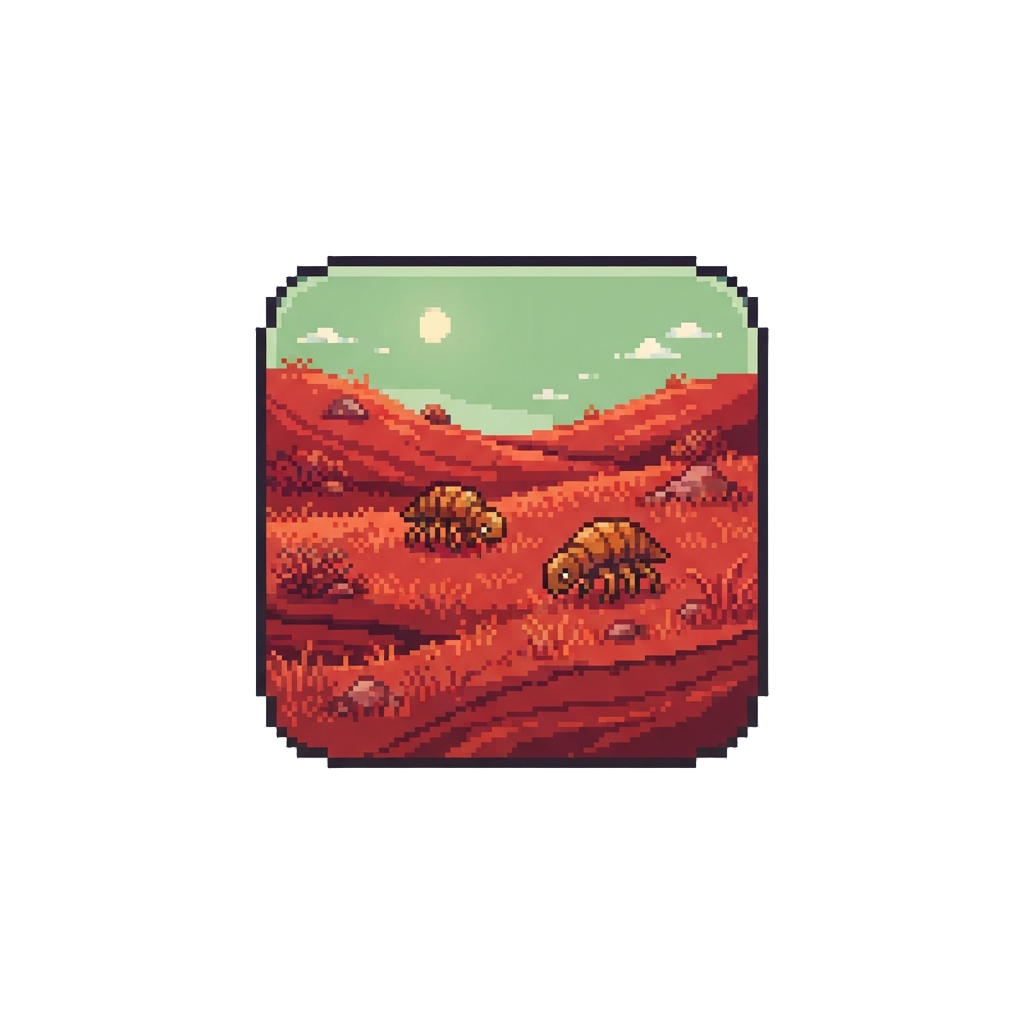 A Crimson-grass Savanna Under a Green Sky with Grazing Six-legged Beasts