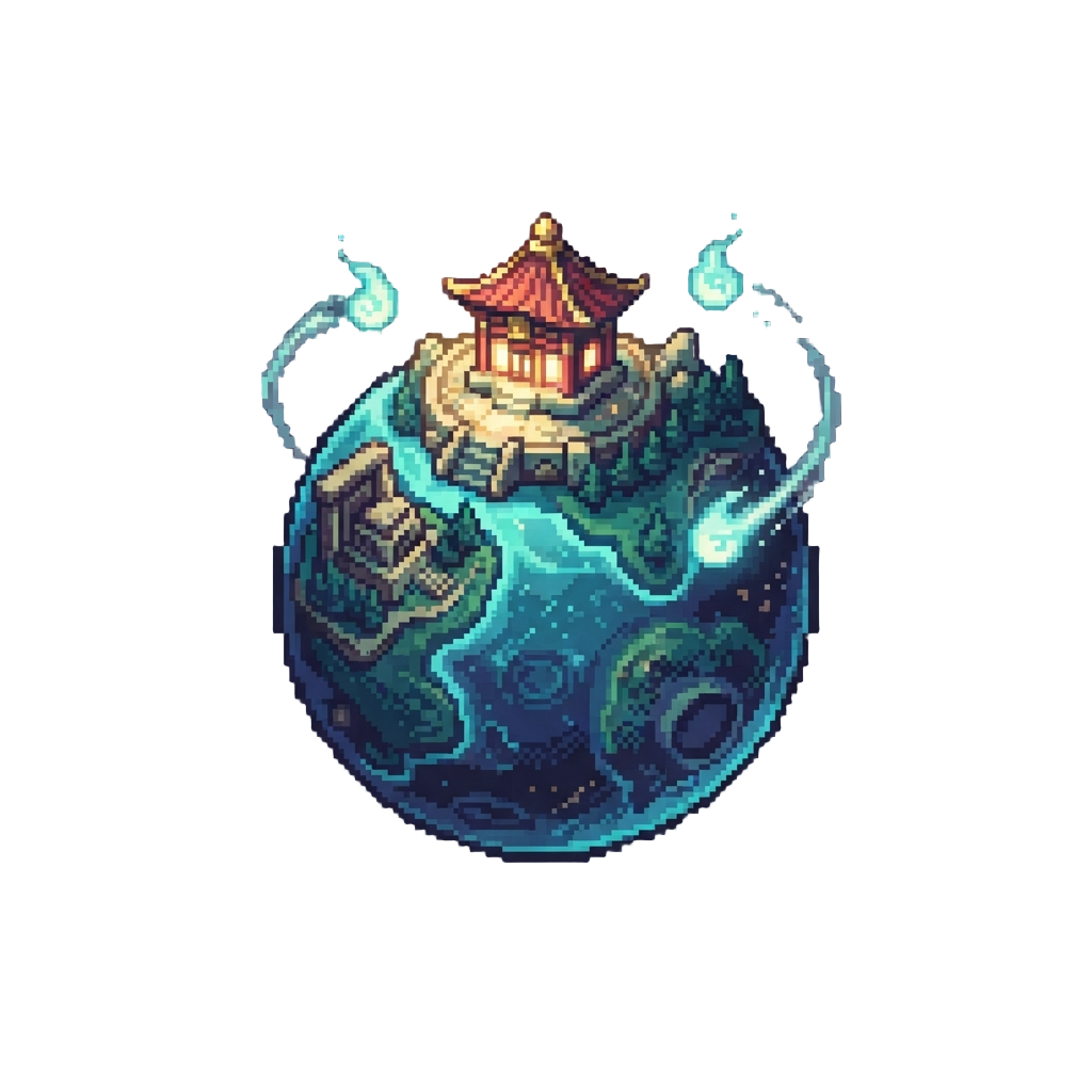 A Glowing Ancient Shrine Planet with Welcoming Guardian Spirits