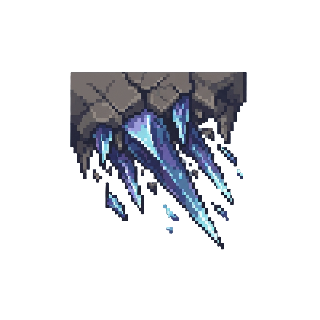 A Crystal Cave World Mid-collapse with Razor-sharp Falling Stalactites