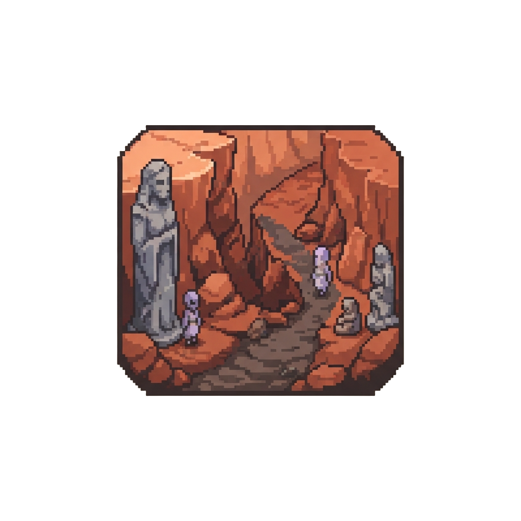 A Rust-red Canyons Landscape with Ancient Stone Statues and Quiet Alien Nomads