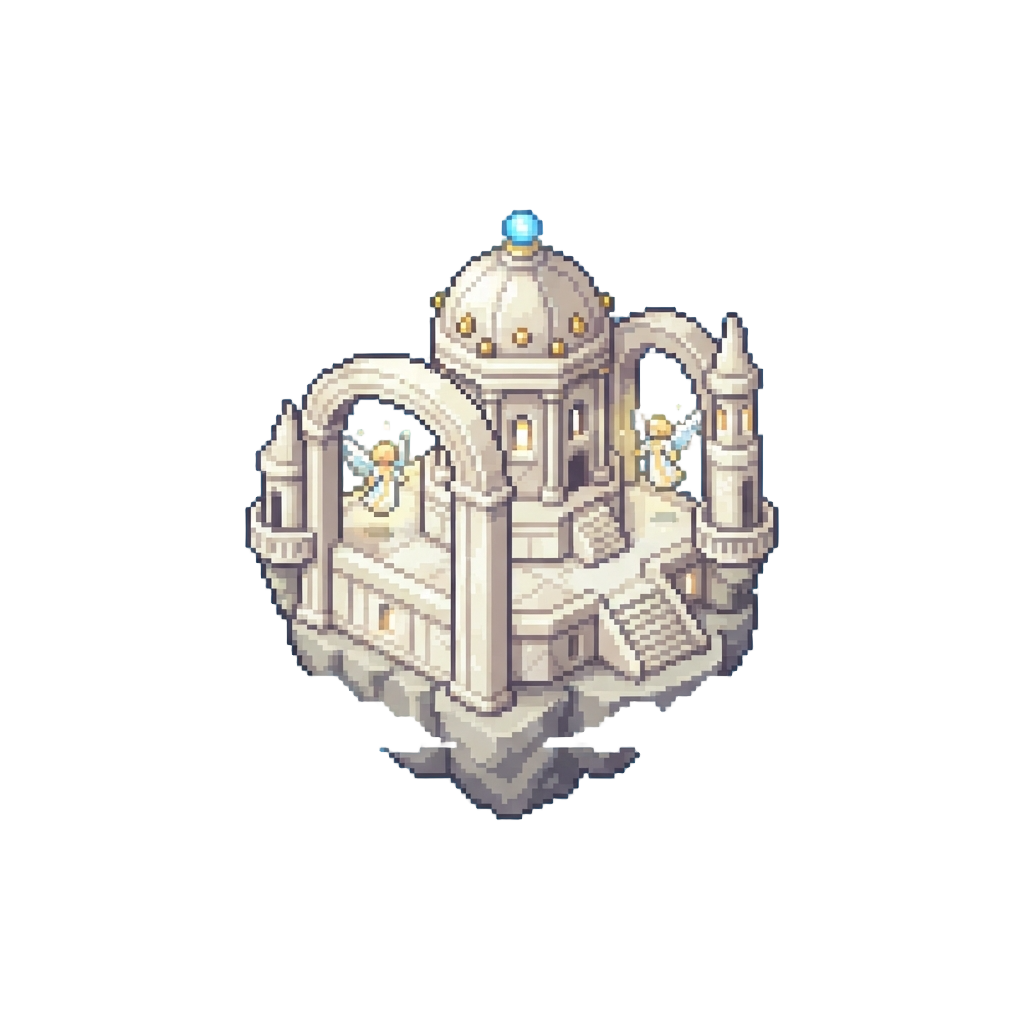A Peaceful Sky Sanctuary with Floating Marble Arches and Angels of Light