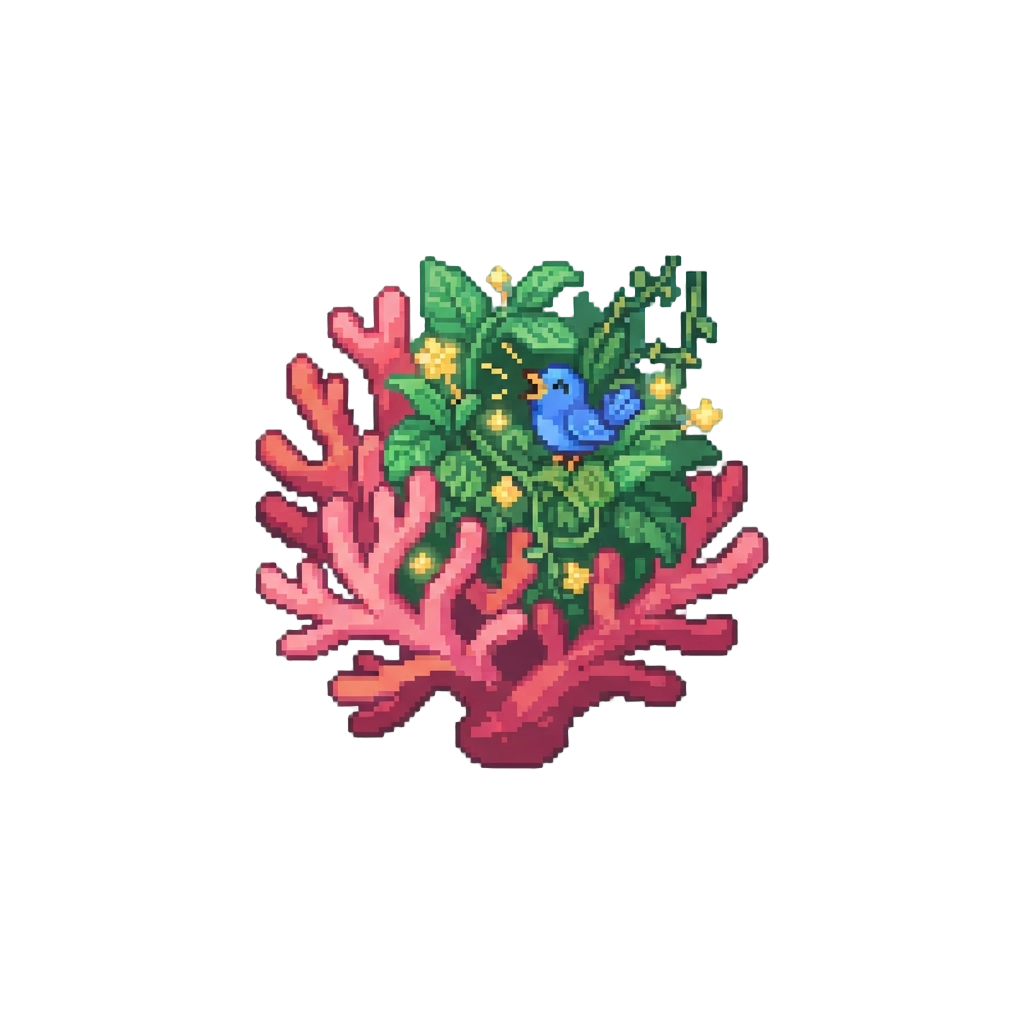 A Vibrant Coral-like Jungle with Colorful Chirping Fauna