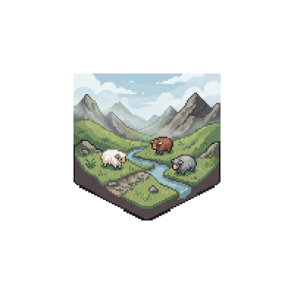 A Misty Highland Valley with Gentle Grazing Woolly Beasts