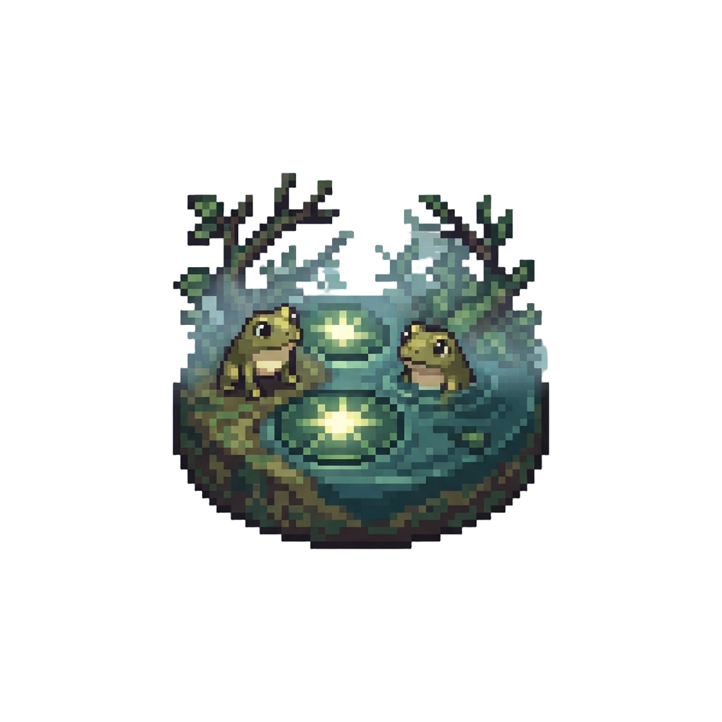 A Misty Swamp with Glowing Lily Pads and Curious Frog-like Humanoids