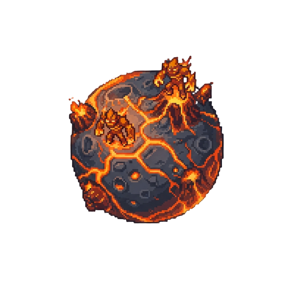 An Active Volcanic Planet Covered in Lava Rivers with Towering Fiery Rock Monsters