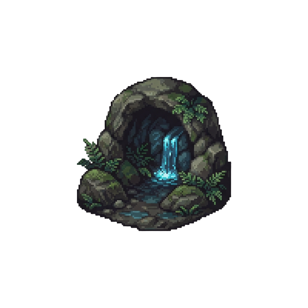 A Damp Fern-filled Cavern with Trickling Luminescent Water