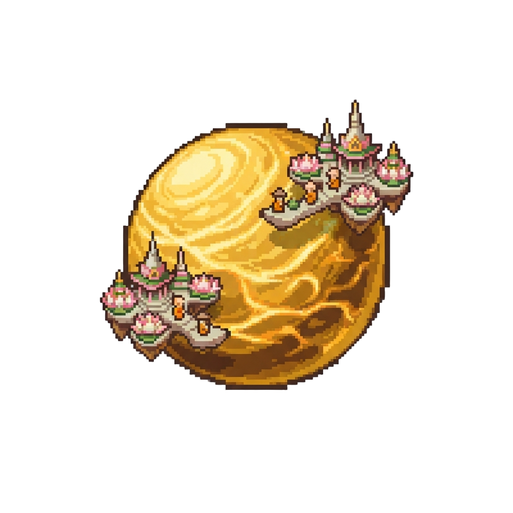 A Golden Ocean Planet with Floating Lotus Temples and Serene Monks