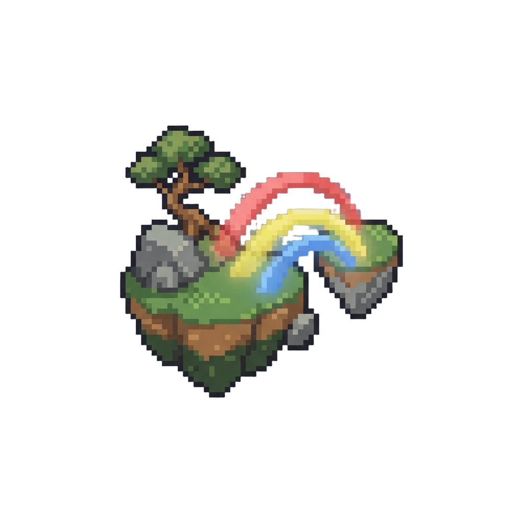 A Floating Island Cluster Connected by Beams of Soft Rainbow Light