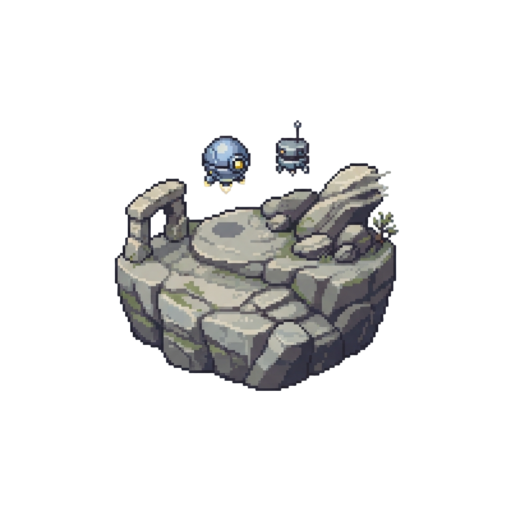 A Wind-swept Stone Plateau with Curious Hovering Droids