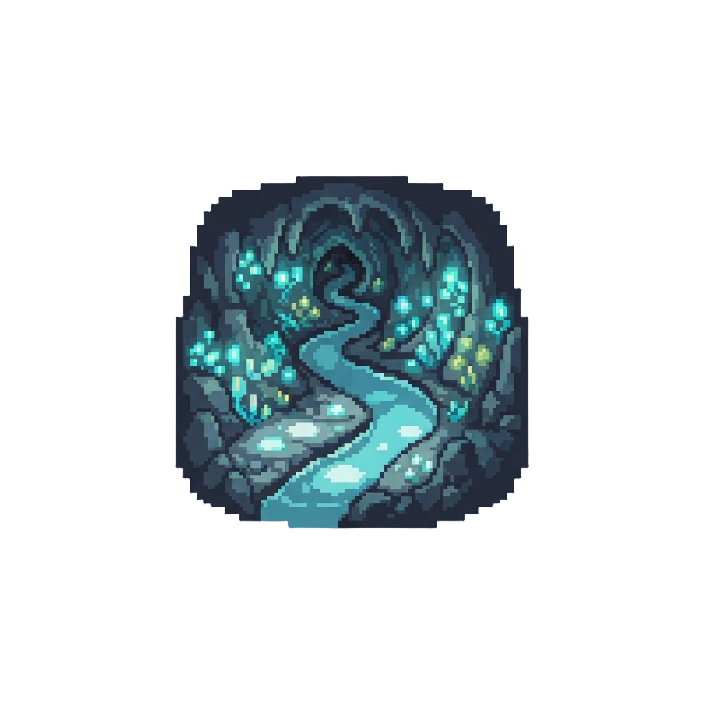 A Serene Bioluminescent Cavern System with Crystal Clear Rivers
