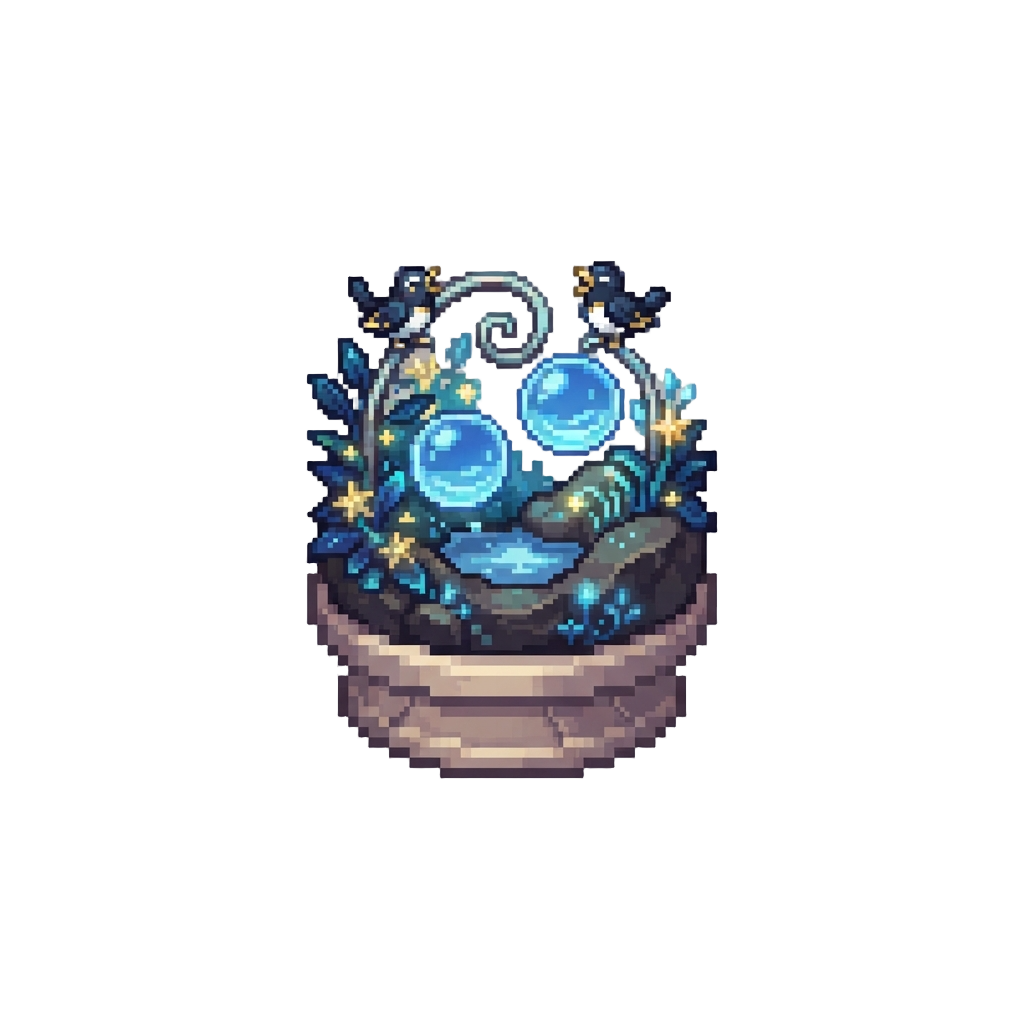 A Celestial Garden with Floating Water Spheres and Singing Birds