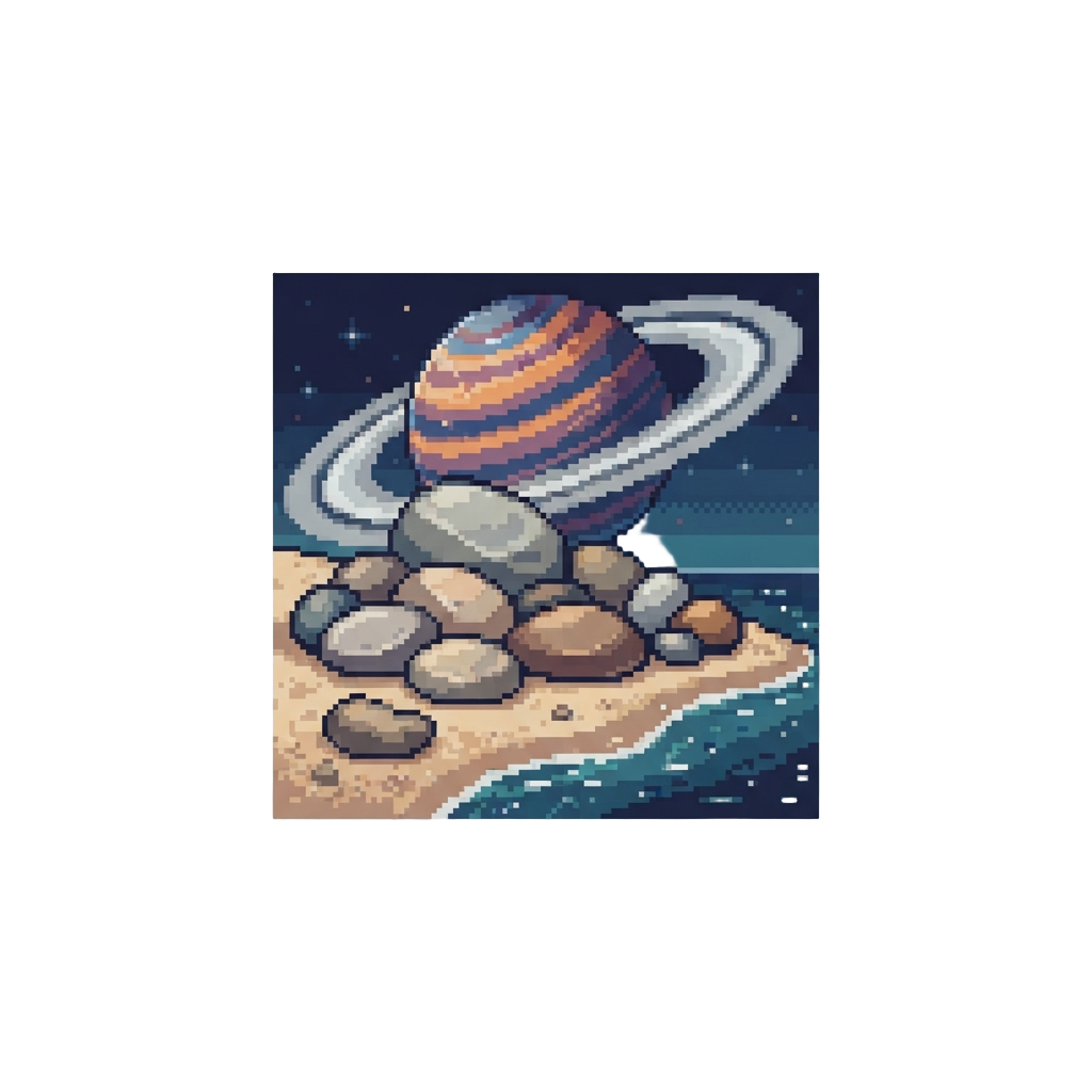 A Calm Pebble Beach Under a Large Ringed Gas Giant