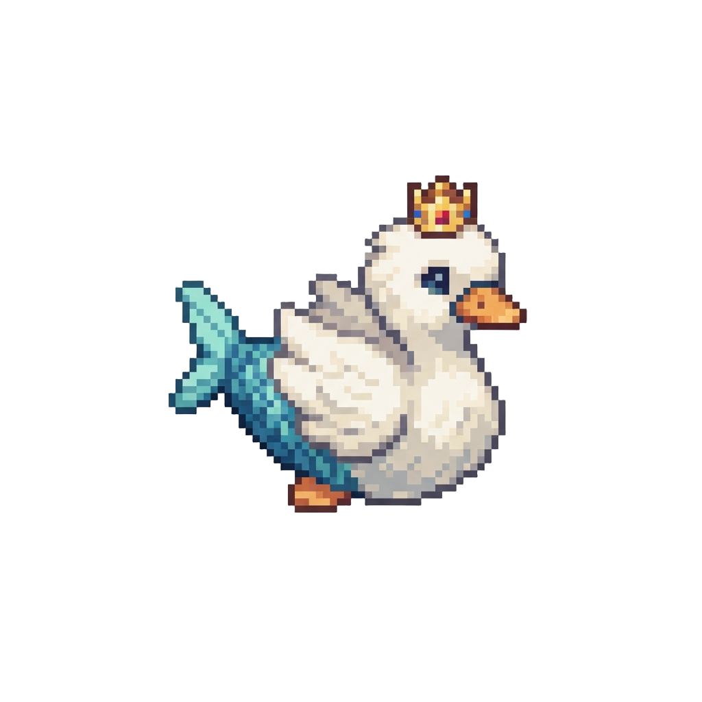 A Fluffy White Swan-duck Fish Wearing a Little Crown
