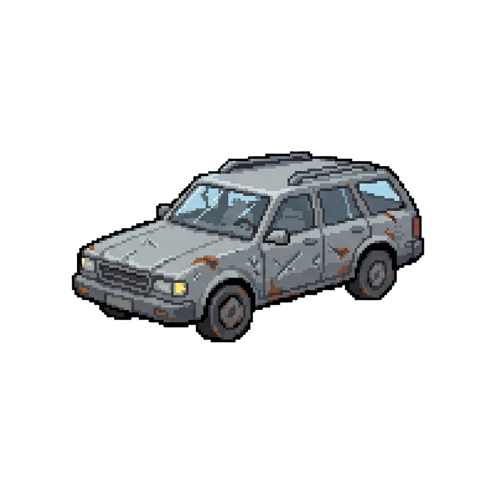 A Beat-up Faded Primer-gray Station Wagon with Misformed Wheels