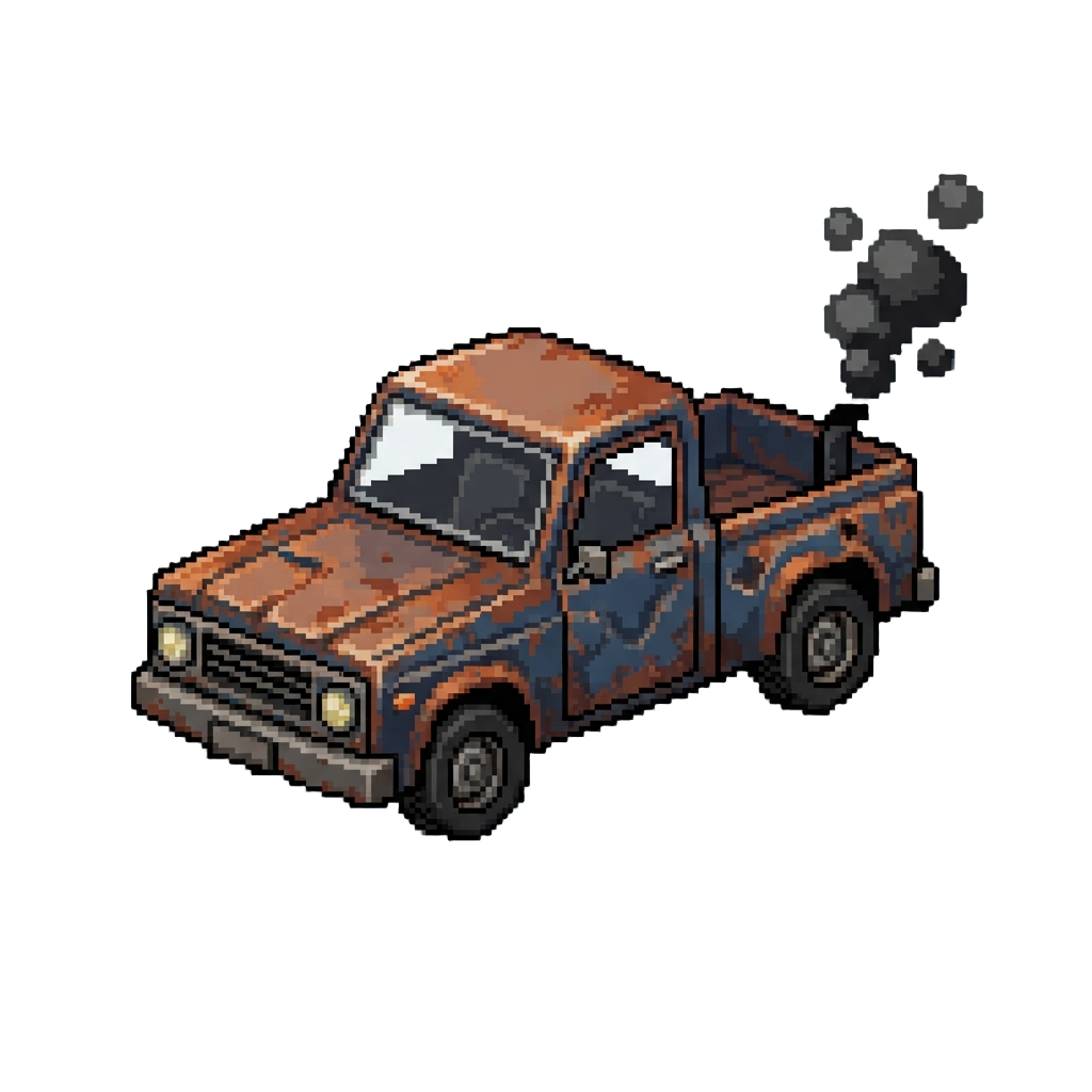 A Dented Rusty Pickup Truck Belching Dark Smoke