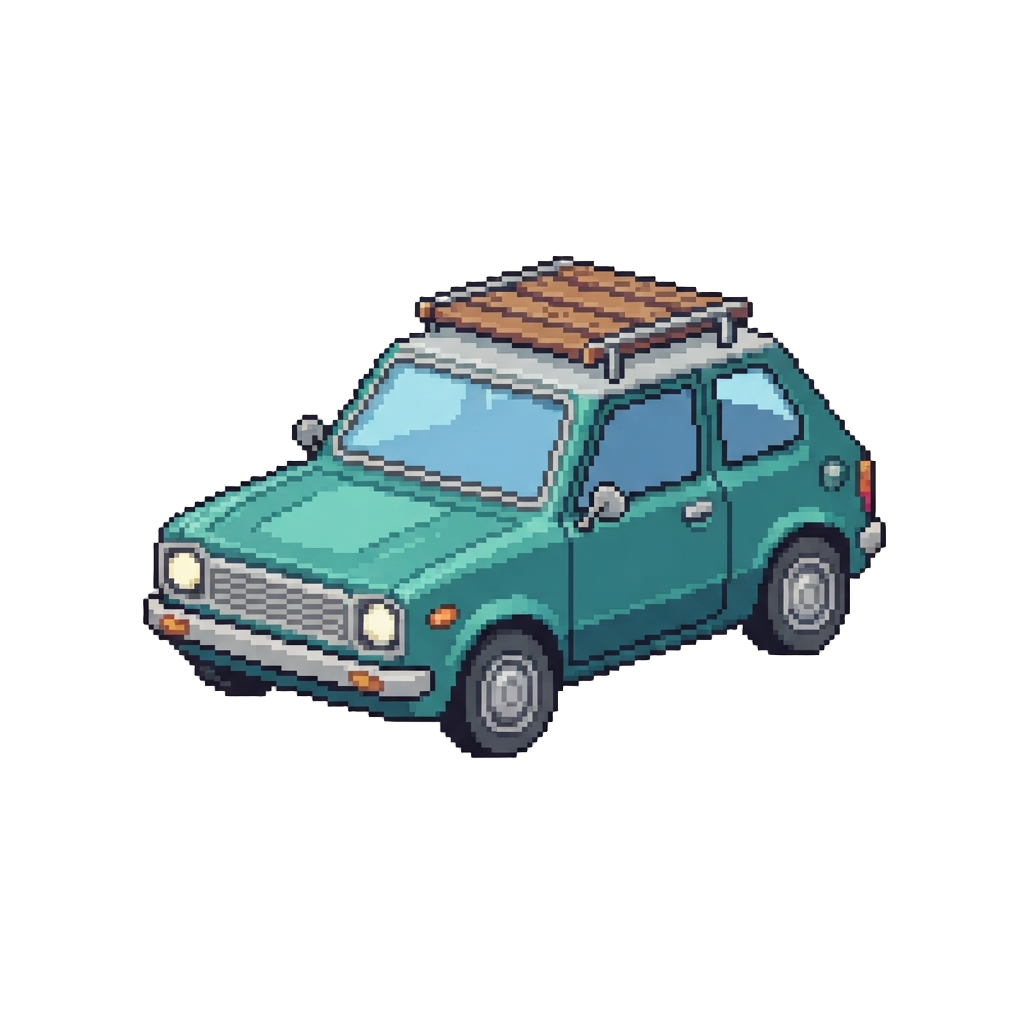 A Retro Teal Compact Hatchback with Wooden Roof Rack