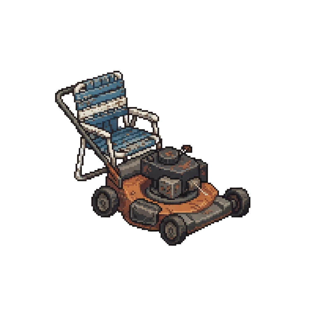 A Battered Old Lawnmower with a Attached Lawn Chair