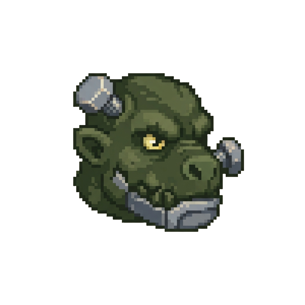 A Dark Olive Green Monster Head with Metallic Bolts