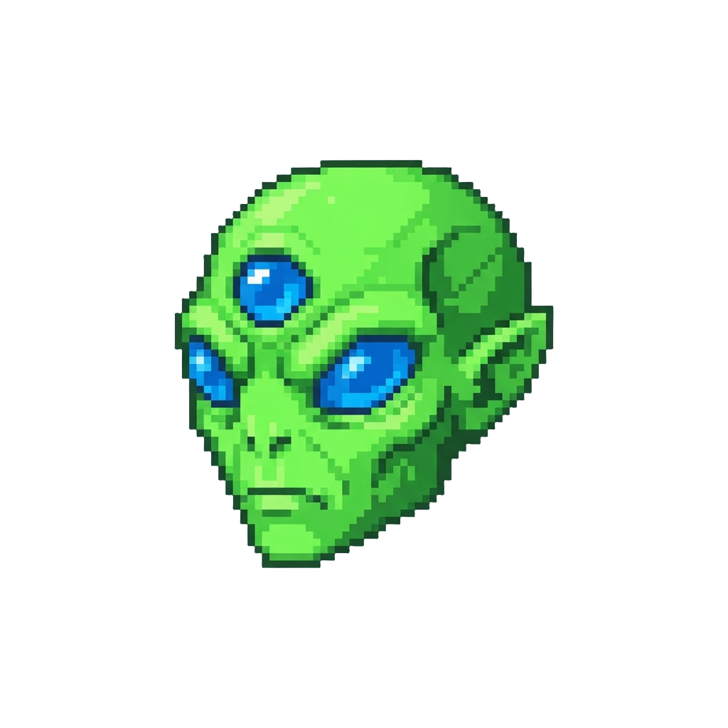 A Neon Green Alien Head with Three Glowing Blue Eyes