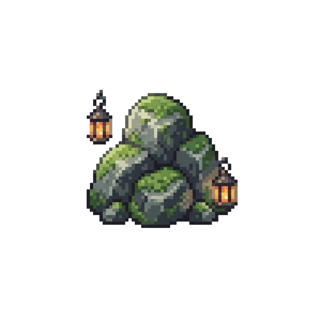 Majestic Mossy Boulders Framed by Glowing Lanterns