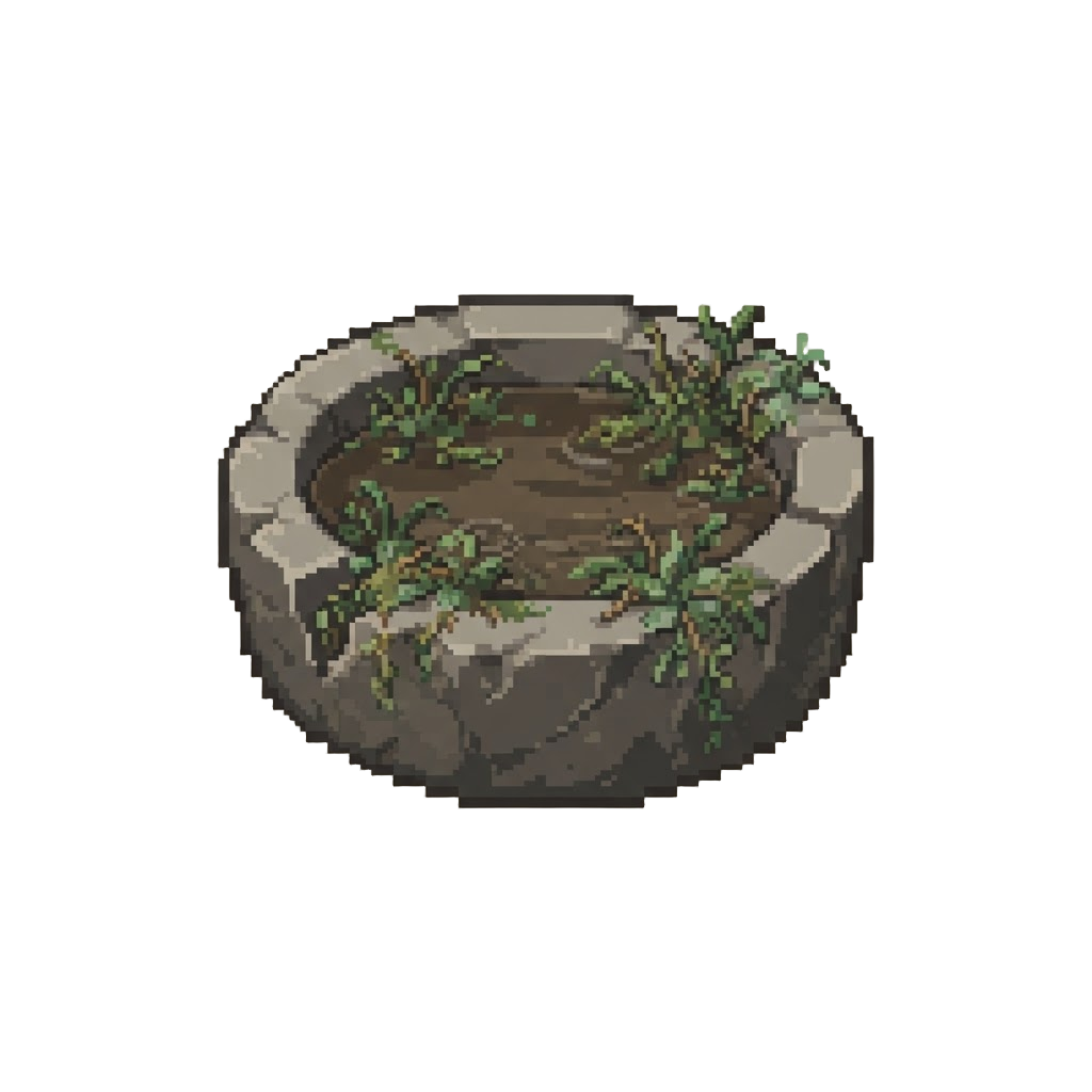 A Tiny Weed-choked Stone Basin with Murky Brown Water