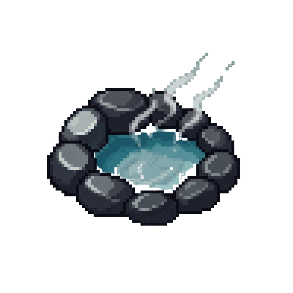 Smooth Black River Stones Framing Steaming Crystal Water
