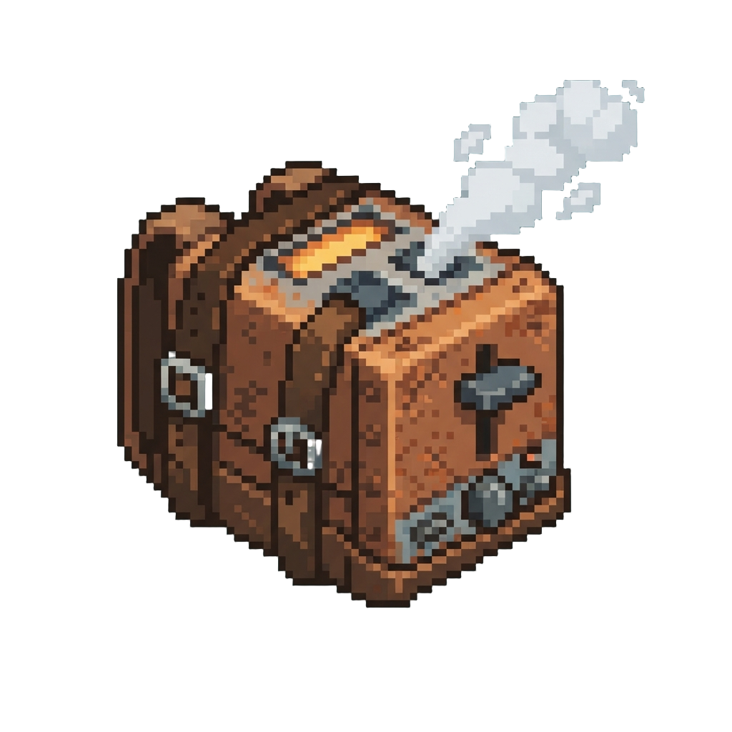 A Clunky Rusty Toaster Backpack Blowing Steam