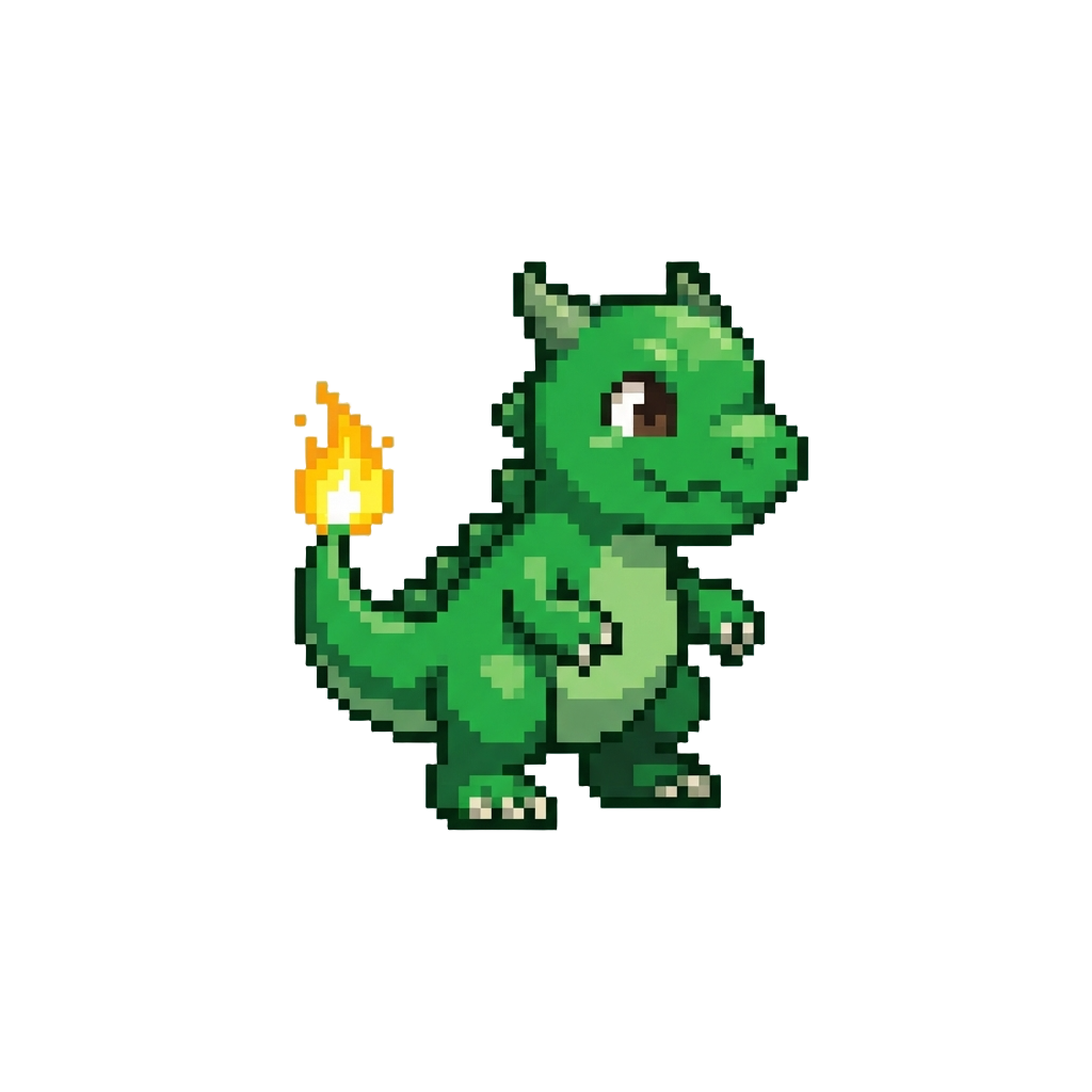 A Playful Green Dinosaur with a Tiny Tail Flame