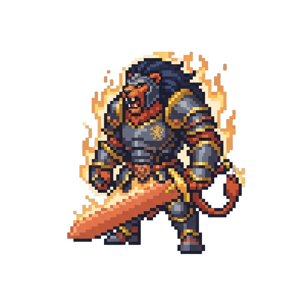 A Massive Bipedal Armored Lion with Flame Aura