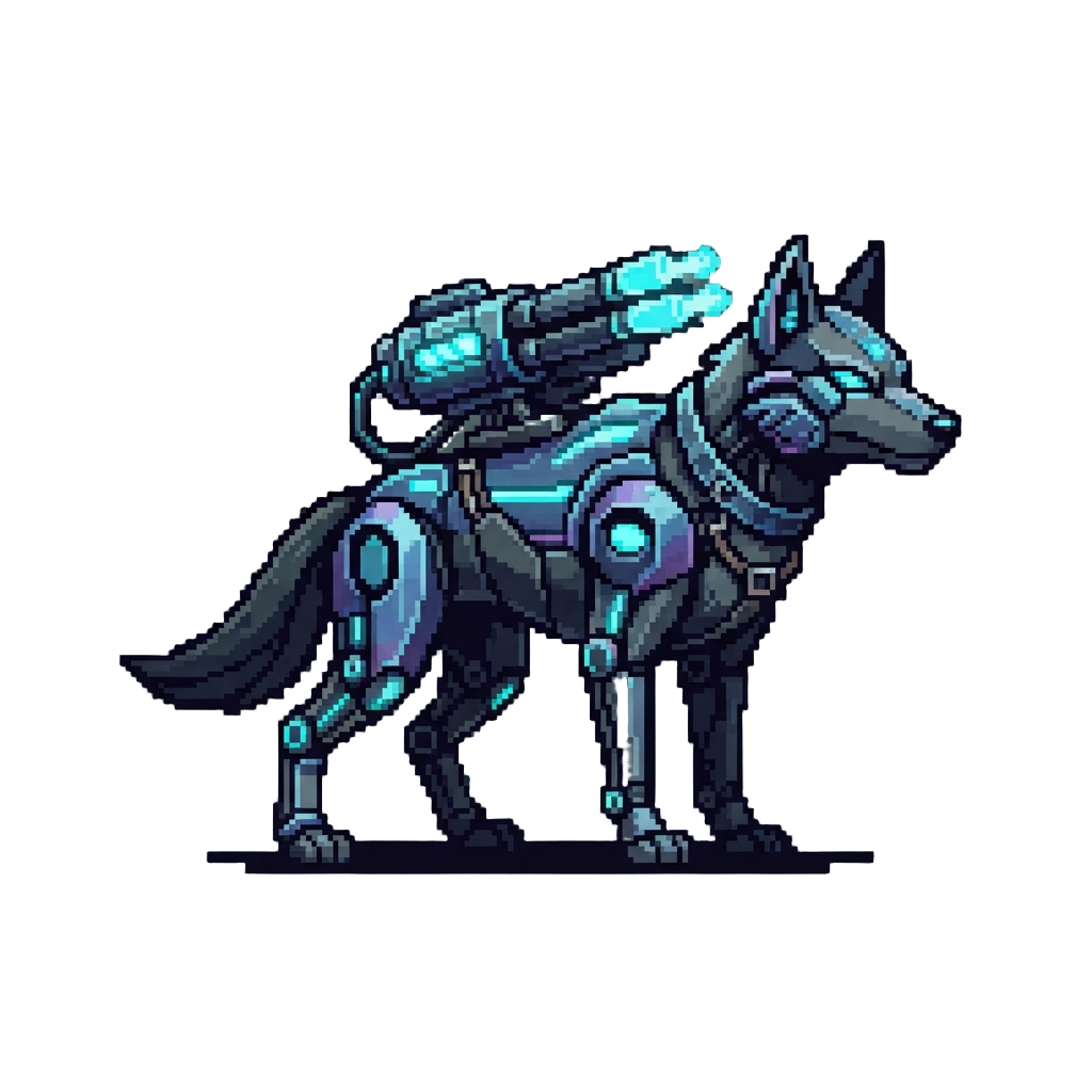 A Sleek Cybergoth Wolf with Laser Cannons Mounted on Its Back