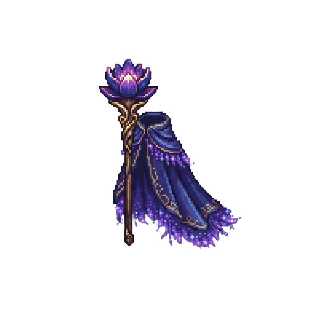 An Ornate Twilight Blossom Spire and a Gown Fringed with Purple Starlight