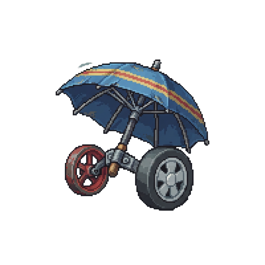 A Spinning Umbrella Top with Mismatched Lawnmower Wheels