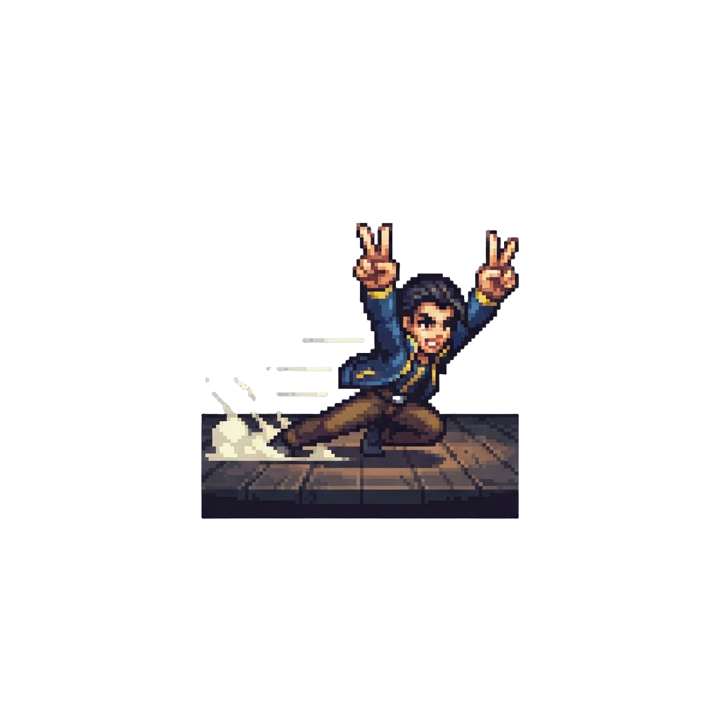 A Power Slide Across the Stage Into a Double Peace Sign