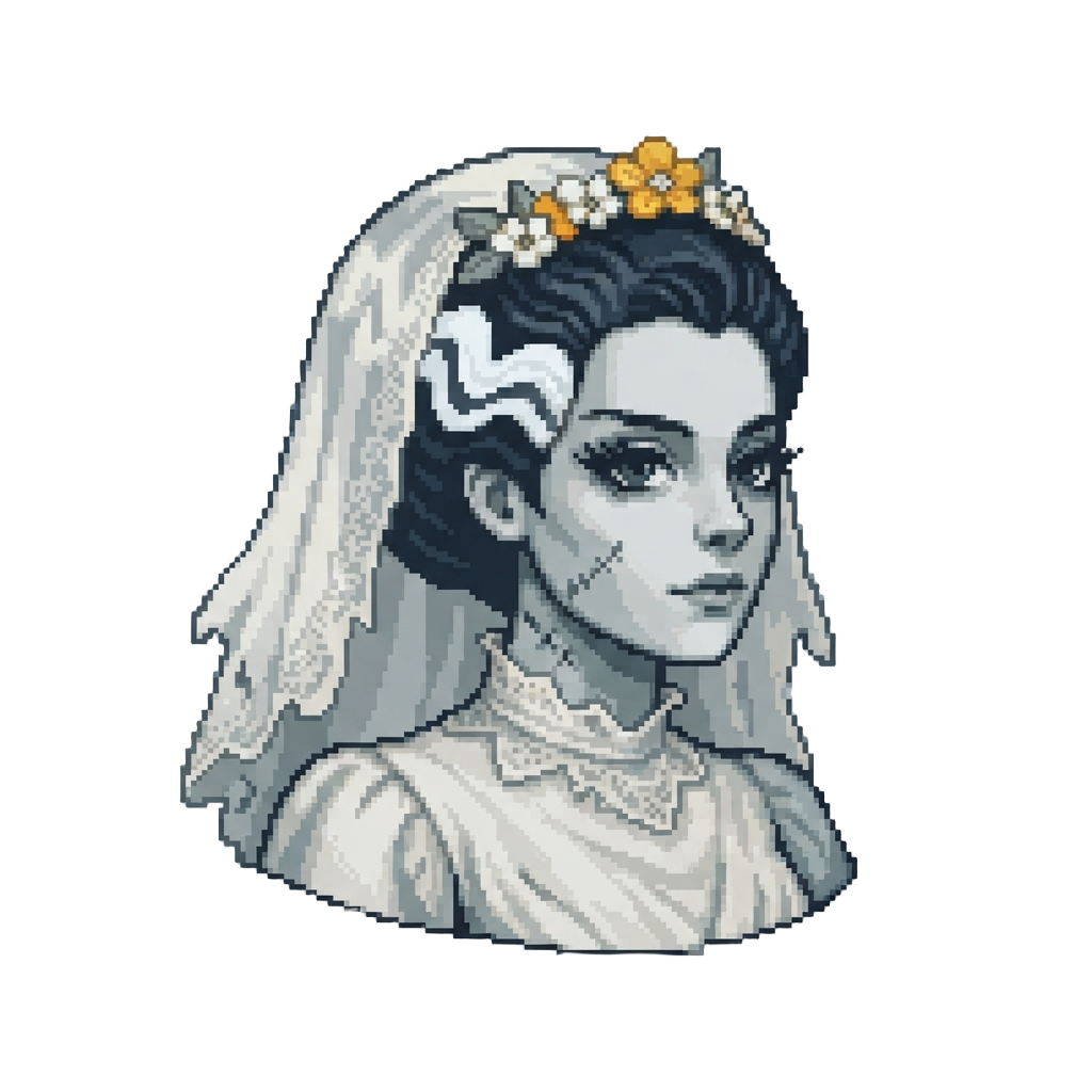 A Vintage Monochrome Bride Monster with Iconic Hair Streaks