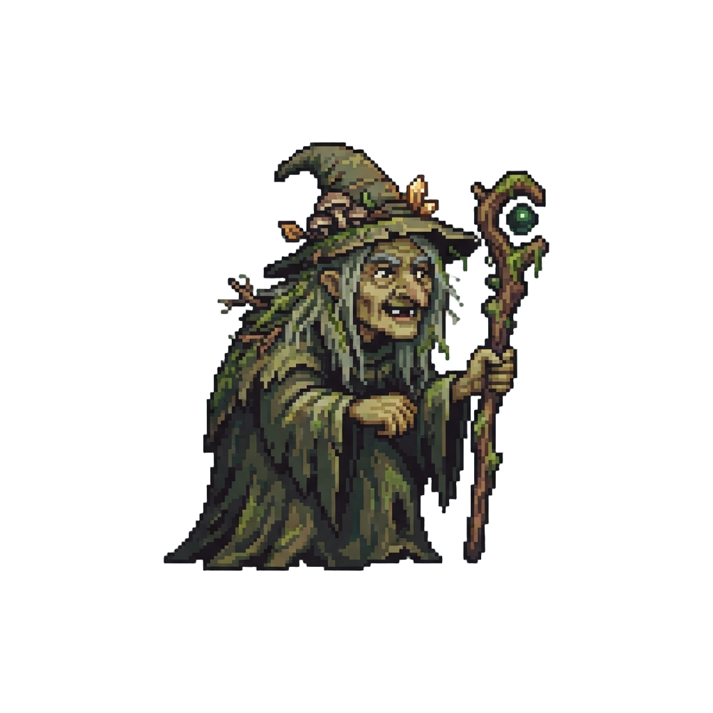 A Crooked Moss Witch Cackling Softly