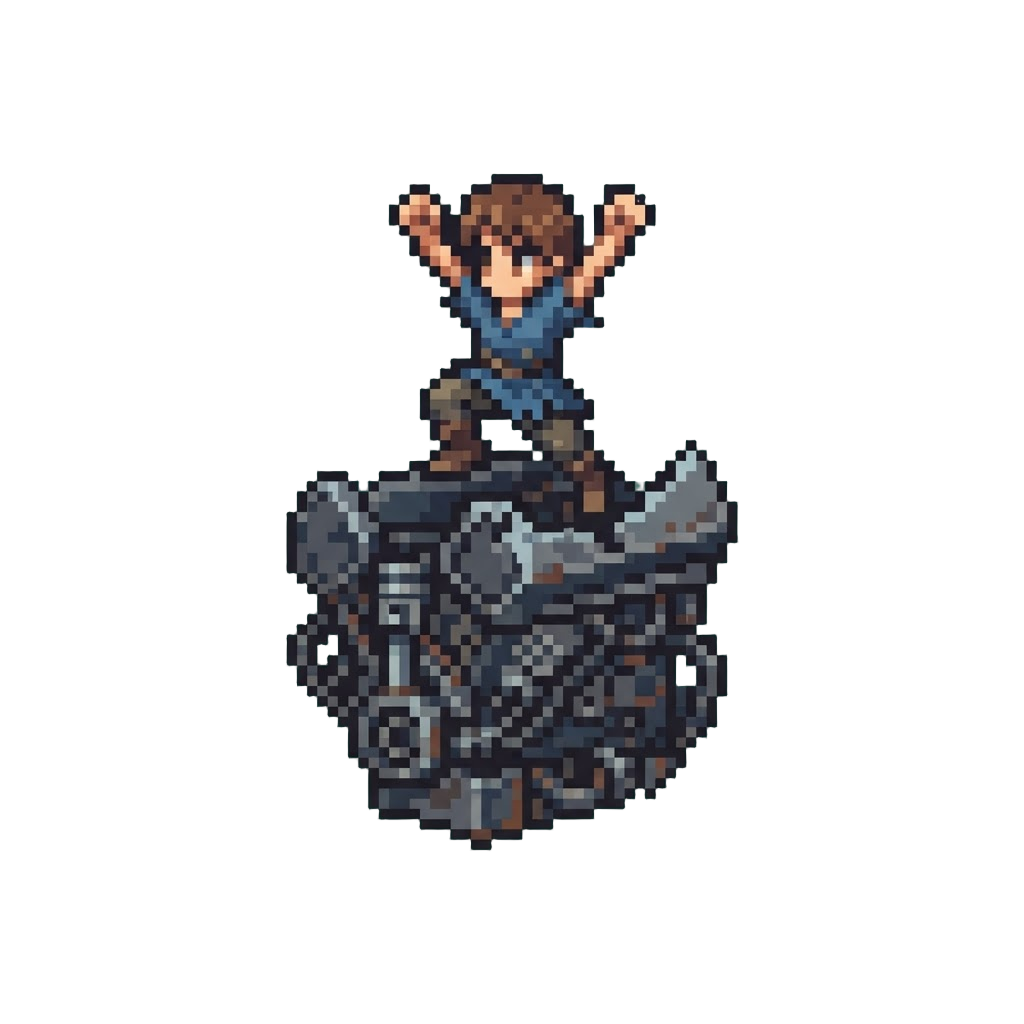 A Triumphant Jump Onto the Ruined Engine Block with Arms Raised