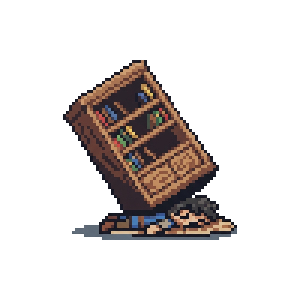 A Giant Falling Bookshelf Squishing @image1 Flat Like a Cartoon Pancake