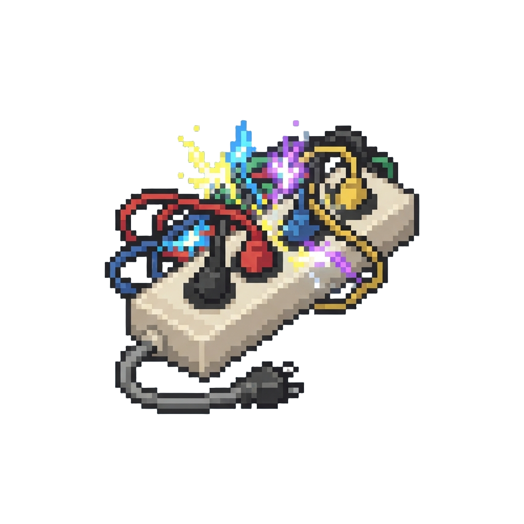An Overloaded Power Strip Popping with Colorful Electric Sparks Around @image1