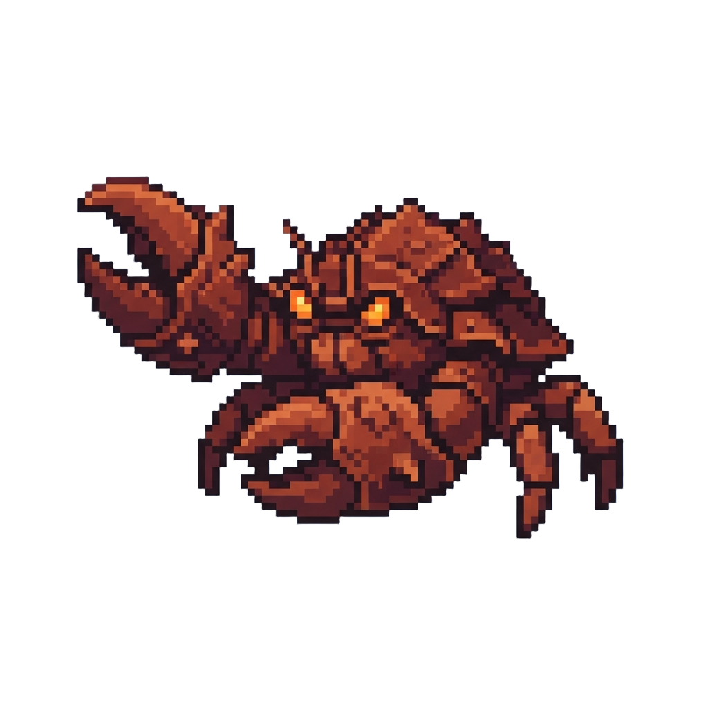 A Gargantuan Armored Titan Crab with Glowing Orange Eyes and Massive Pincers